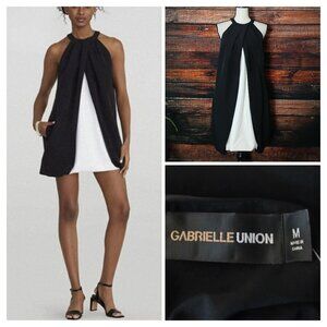NWOT Gabrielle Union Mini Bubble Dress M Black White Pleated Halter Pockets